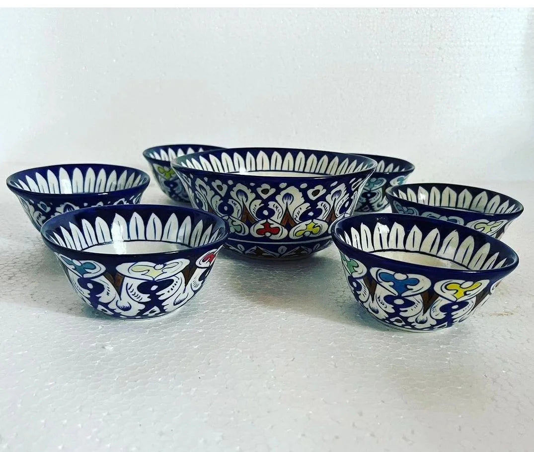 Blue Pottery Soup Set | Dessert Set | 7-Piece Handcrafted Elegance