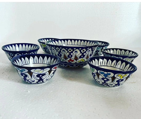 Blue Pottery Soup Set | Dessert Set | 7-Piece Handcrafted Elegance