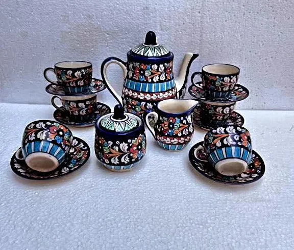 Blue Pottery Tea Set for 6 | 15 pieces | Multicolor Handcrafted Ceramic Set | Affordable Traditional Tableware